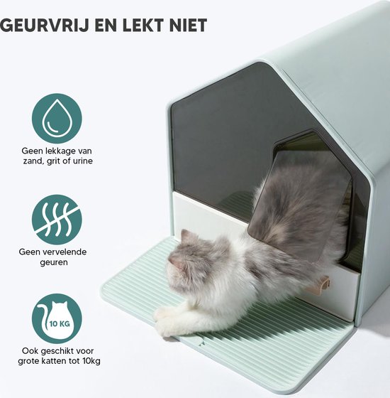 Kattenbak Villa met dubbele voerbak en kattenbakmat – Kat - Drinkbak – Modern en stijlvol - Design - Groen