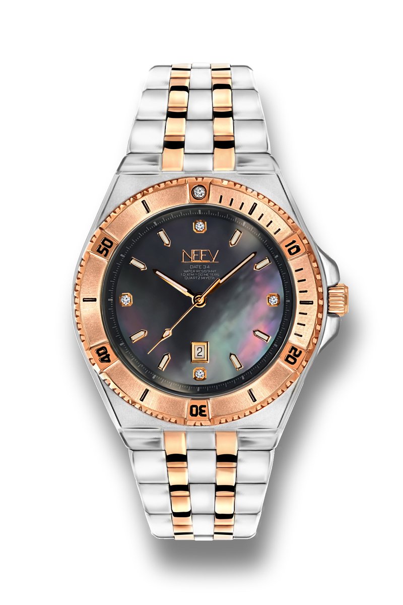 NEEV - Dames Bicolor Horloge - Ø34 mm - Yinthe - Zwart Parelmoer Wijzerplaat - Rosegoud/Staal - Stainless Steel - Sieraden - Quartz- Horloge