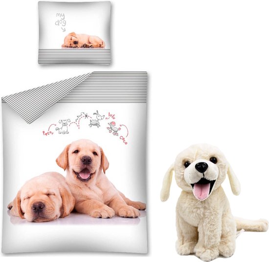 dekbedovertrek Labrador - Chiens - simple - 100 % coton, y compris le chien en speelgoed Peluche labrador blonde