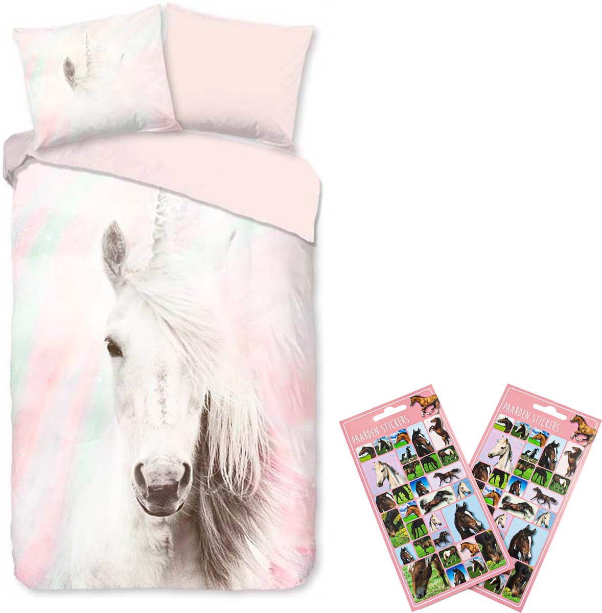 Dekbedovertrek White Unicorn- Eenhoorn dekbed- 1 persoons- 140x200- Katoen- Paarden slaapkamer, incl. Paardenstickers set