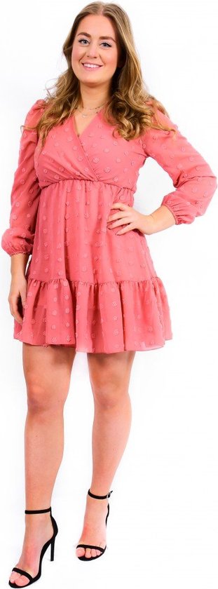 Rose kleur Mainstream voorbeeld Sweet jurk | Jurk dames | Ronde dotjes | V-hals | Pofmouwen | Uitlopende  fit |... | bol.com