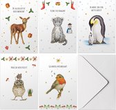 Set van 50 stuks vrolijke kerstkaarten met enveloppen - Nederlandse tekst- 5 winterdieren handgeschilderd - dubbele kaart met vouw op mooi ECO papier - A6 formaat
