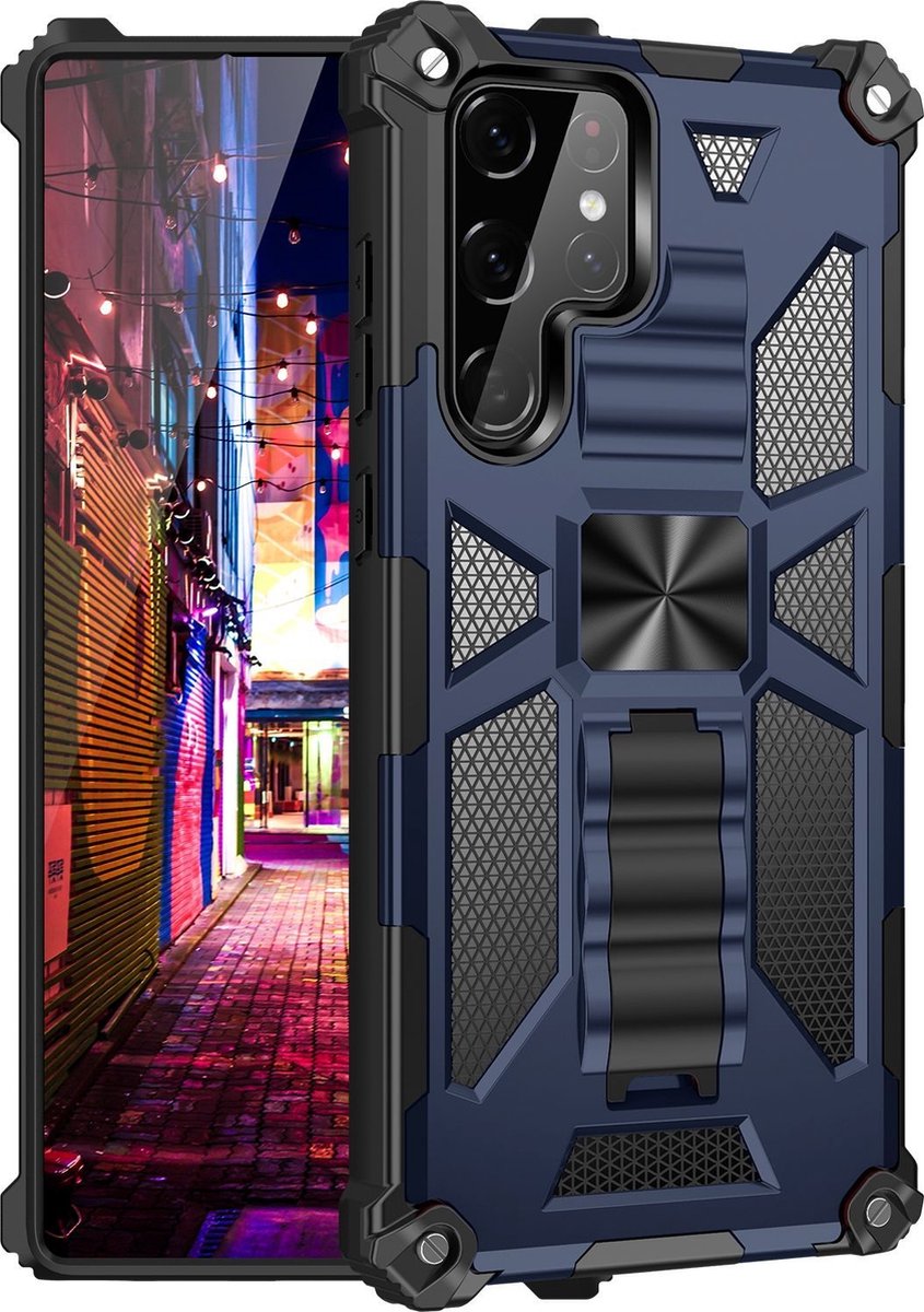 Mobigear Hoesje geschikt voor Samsung Galaxy S22 Ultra Telefoonhoesje Hardcase | Mobigear Armor Stand Backcover Shockproof met Standaard | Schokbestendig Galaxy S22 Ultra Telefoonhoesje | Anti Shock Proof - Blauw