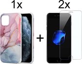 iPhone 7/8 Plus Hoesje Marmer Roze/Blauw Siliconen Case - 2x iPhone 7/8 Plus Screenprotector
