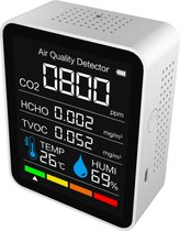 Hoobi® CO2 meter - 5 in 1 - Luchtvochtigheidsmeter - Hygrometer - Temperatuurmeter - Lcd scherm - Draadloos - Draagbaar - Wit