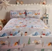2-persoons kinder dekbedovertrek (dekbed hoes) grijs met winter dorp (kerstdorp) met huisjes, dennen (bomen) en ijsbaan in een sneeuw landschap met bergen 200 x 200 cm (leuk voor kerstmis!)