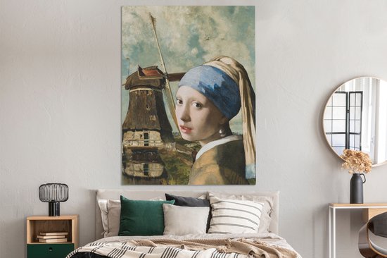 Canvas schilderij 120x160 cm - Wanddecoratie Meisje met de parel - Johannes Vermeer - Molen - Muurdecoratie woonkamer - Slaapkamer decoratie - Kamer accessoires - Schilderijen