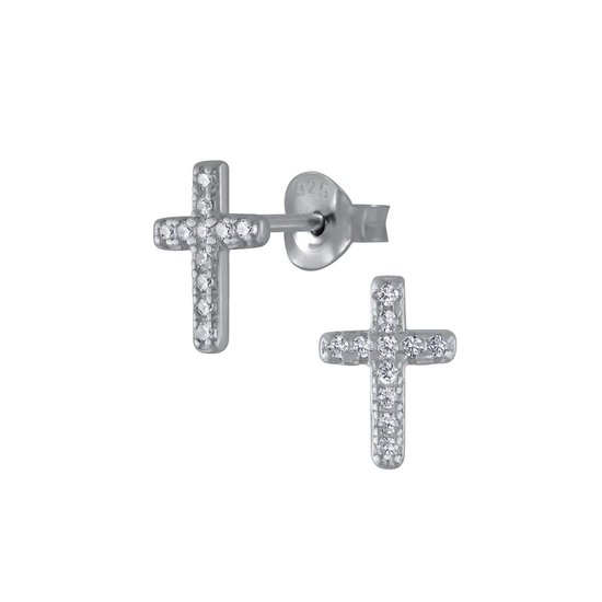 Joy|S - Zilveren kruis oorbellen - zirkonia - 6 x 9 mm - gehodineerd