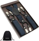 Luxe chique bretels - zwart ruit klein lichtblauw - Sorprese - zwart leer - 6 stevige clips - heren - unisex