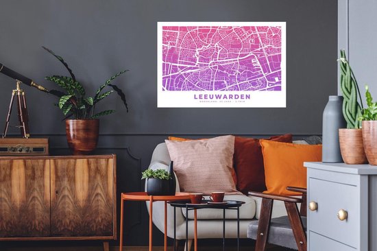 Stickers muraux - Plan de la Nederland - Leeuwarden - Pays-Bas - Violet - 90x60 cm - Feuille adhésive - Carte