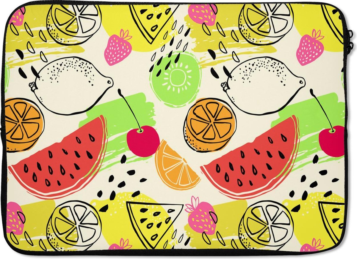 Laptophoes 14 inch - Fruit - Kleuren - Geel - Groen - Laptop sleeve - Binnenmaat 33x23 cm - Zwarte achterkant