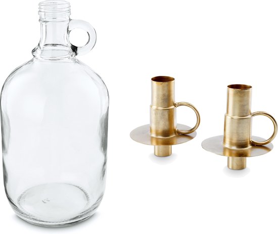 vtwonen Kandelaars en Fles - Decoratieve set - Metaal en Glas - Goud
