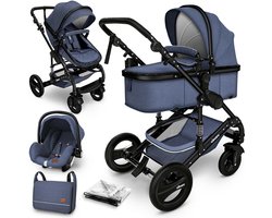 KIDUKU- 3 in 1 combi-kinderwagen- blauw/zwart- buggy incl. autostoeltje-regenhoes- inklapbaar