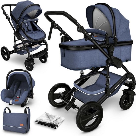 KIDUKU- 3 in 1 combi-kinderwagen- blauw/zwart- buggy incl.  autostoeltje-regenhoes-... | bol.com