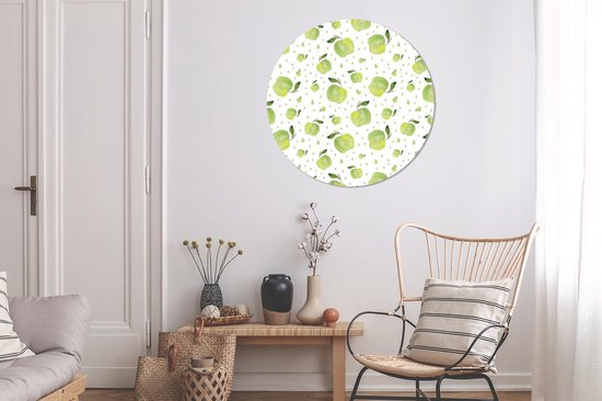 WallCircle - Stickers muraux - Cercle Papier Peint - Pommes - Vert - Wit - 100x100 cm - Cercle Mural - Auto Adhésif - Sticker Papier Peint Rond XXL