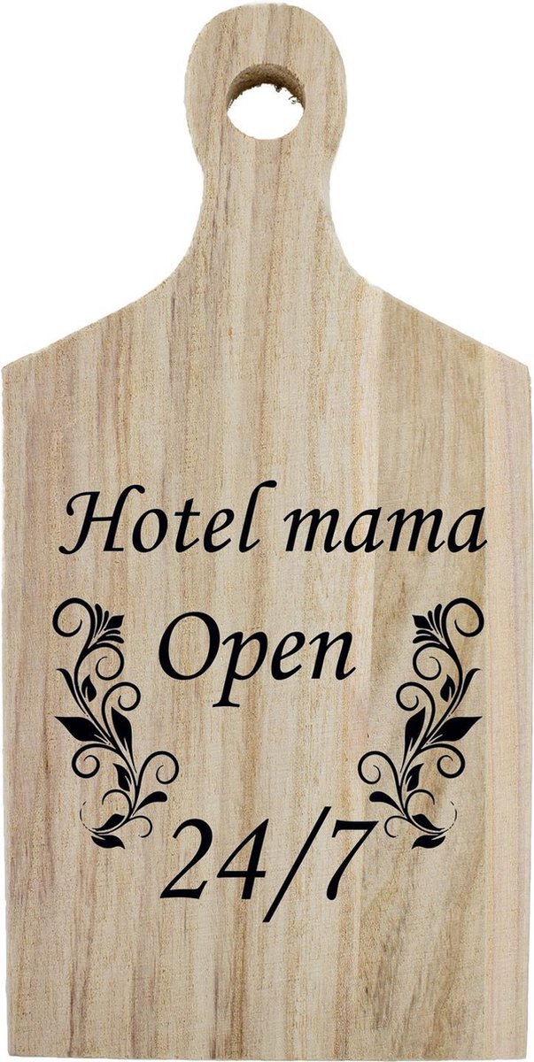 Borrelplank met tekst ‘Hotel Mama – Open 24/7’ – Liefdevol & humoristisch cadeau