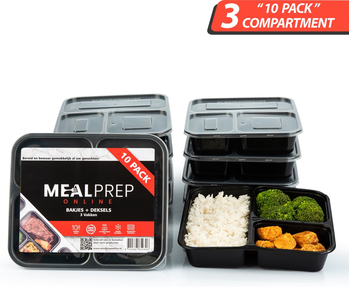Mealpreponline - Meal Prep Bakjes - 10 stuks - 3 compartimenten - Vershoudbakjes