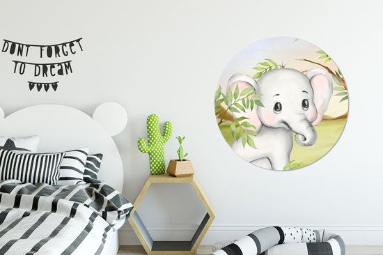 WallCircle - Peinture - Éléphant Jungle Feuilles Et - Multicolore - 90 X 90 Cm