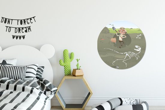 Illustration d'un archéologue en train de fouiller un mur de dinosaure autocollant papier peint cercle 80x80 cm / cercle papier peint / cercle mural / cercle vivant - auto-adhésif et découpe ronde