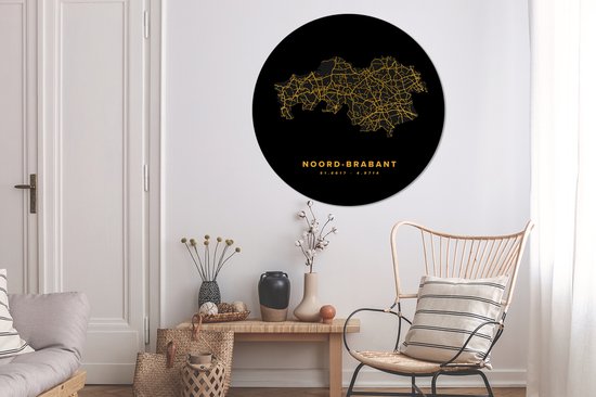 WallCircle - Wandcirkel ⌀ 120 - Noord-Brabant - Nederland - Wegenkaart - Gold - Ronde schilderijen woonkamer - Wandbord rond - Muurdecoratie cirkel - Kamer decoratie binnen - Wanddecoratie muurcirkel - Woonaccessoires XXL