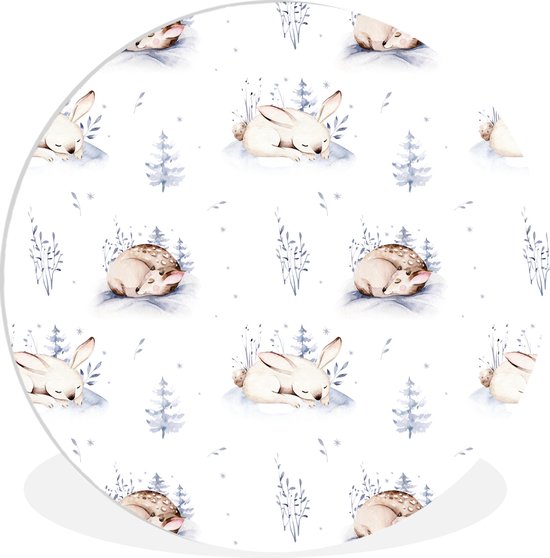 WallCircle - Wall Circle - Wall Circle Indoor - Hiver - Lapin - Cerf - 90x90 cm - Décoration murale - Peintures Ronds