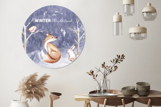 WallCircle - Stickers muraux - Cercle Papier Peint - Hiver - Neige - Renard - 120x120 cm - Cercle Mural - Auto Adhésif - Sticker Papier Peint Rond XXL