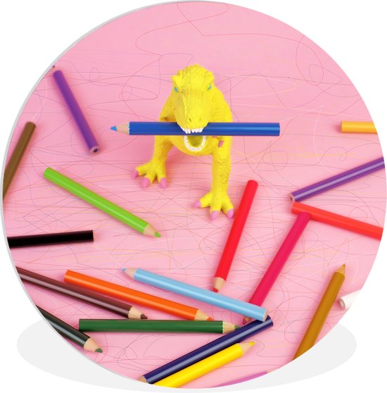 WallCircle - Wandcirkel ⌀ 90 - Dinosaurus speelgoed - Kleurpotloden - Roze - Ronde schilderijen woonkamer - Wandbord rond - Muurdecoratie cirkel - Kamer decoratie binnen - Wanddecoratie muurcirkel - Woonaccessoires