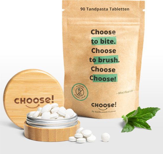CHOOSE Tandpasta Tabletten met Bamboe Refill Pot - Starter Box - Duurzaam - Zero Waste - Vegan - Fluoride - Ecologisch Verantwoord