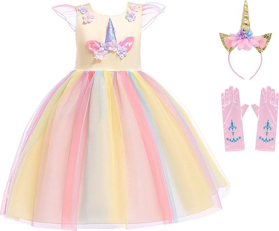 Unicorn Jurk | Eenhoorn Jurk | Prinsessenjurk Meisje | maat 116/122(130) |Verkleedkleren Meisje |Prinsessen Verkleedkleding | Carnavalskleding Kinderen | Haarband |Handschoenen|Roze