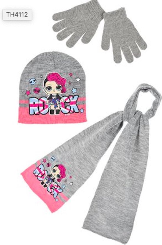 Ensemble d'hiver Lol Surprise Rock - bonnet / écharpe / gants - gris - rose - taille 54 cm