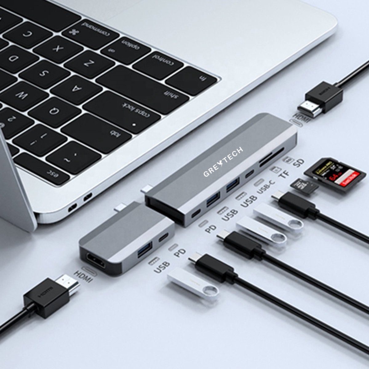 GREYTECH 10 in 1 USB C Docking station - met Dual HDMI (4K), Ethernet RJ45, 3x USB 3.0 (thunderbolt), 3x Usb-C, Micro / SD kaartlezer - Hub - Voor Macbook Pro / Air en meer – Spacegray