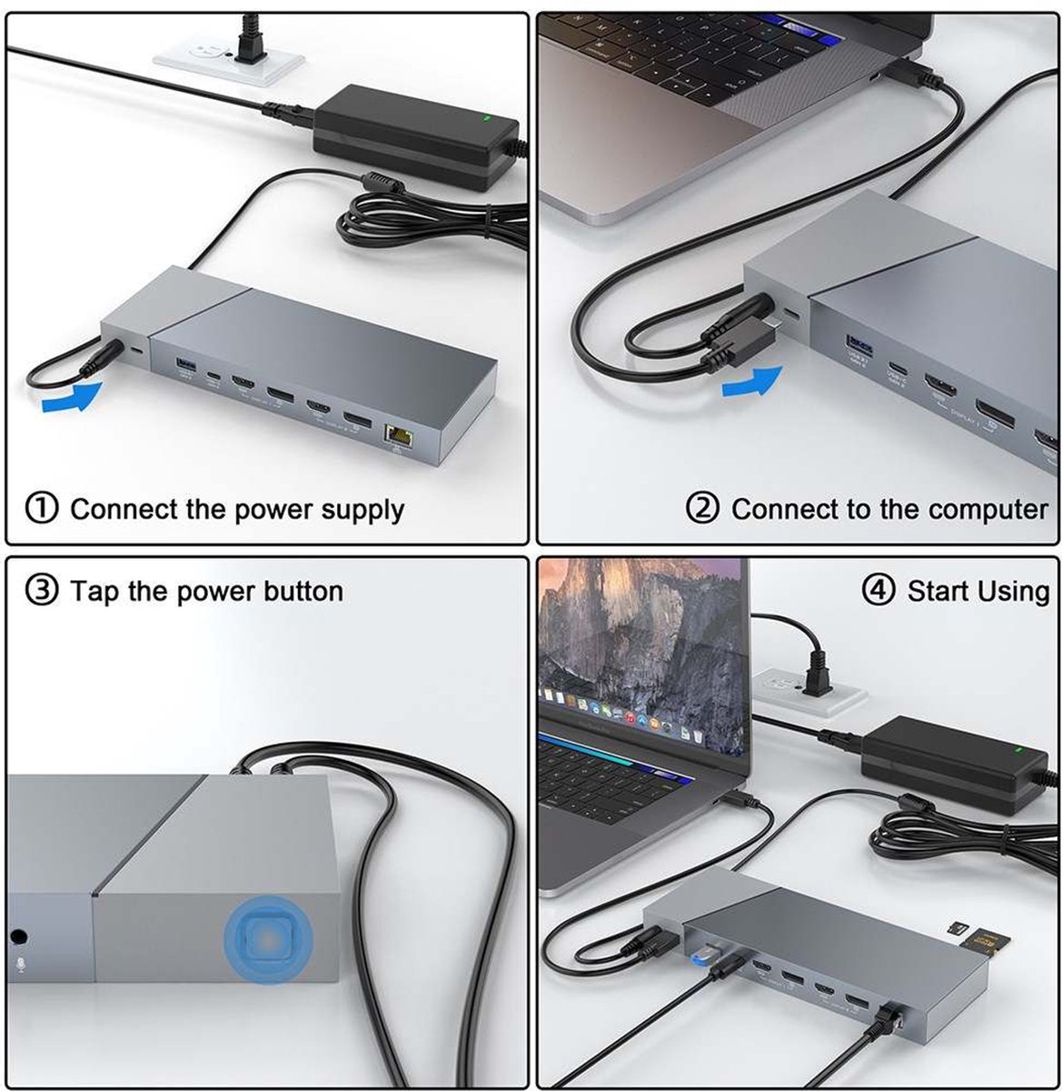 Displaylink USBC Docking Station met 2 x HDMI en 2 x Displayport voor