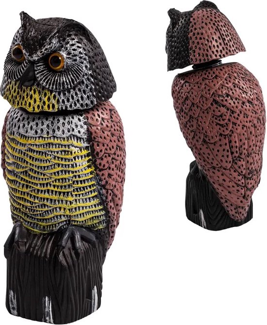 Grote uilen Decoy, nep gehoornde uil vogel vogelverschrikker vogels, plastic uil vogelbeelden met roterende kop knipperende ogen en enge geluid, natuur vijand voor buiten tuin tuin boerderij