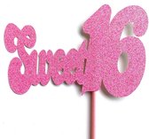 Taartdecoratie versiering| Taarttopper| Cake topper| Verjaardag| Sweet16| Roze glitter|14 cm| karton