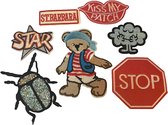 Jeans patch Set - 7 Stuks - Stop, beer, insect, Happy, Kiss, st.Barbara, Star - Strijkplaatjes - Pimp je kleding en accessoires!