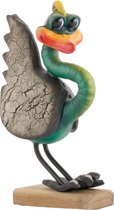 Crazy Clay Comix Cartoon - struisvogel - beeld - Zoomer - groen - uniek handgeschilderd - massief beeld - op houten voet