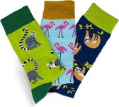 JustSockIt dieren sokken 3pack - dieren box - vrolijke sokken - luiaard sokken - flamingo sokken - apen sokken