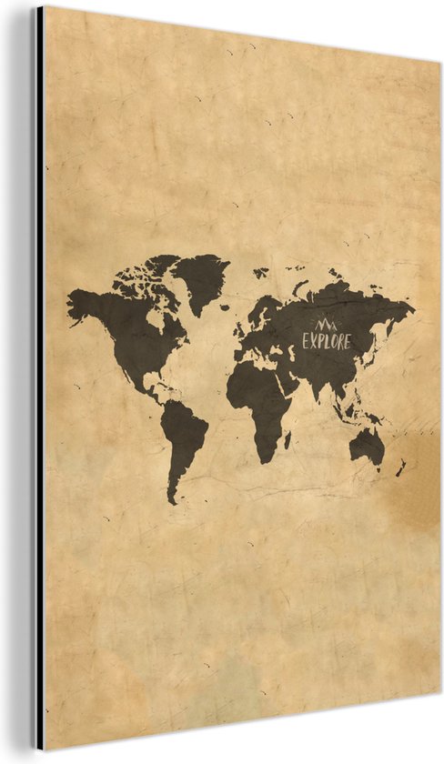 Décoration murale Métal - Tableau Aluminium Industriel - Wereldkaart - Beige - Voyages - 60x80 cm - Dibond - Photo sur aluminium - Décoration murale industrielle - Pour le salon/chambre