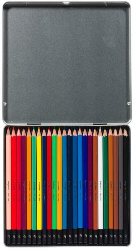 Open etui met 24 kleurpotloden. Kleuren variëren van lichtbruin tot donkerbruin, rood, oranje, geel, groen, blauw, paars.