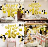 FUFU  16e Verjaardag Feest Decoraties met Ballonnen (26 Pak) – Herbruikbare Goude Folie Happy Birthday Ballon Letter Banier Set – Zwart Wit & Gouden Latex Ballonnen & Pom Pom Decor