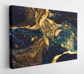 Canvas schilderij - Abstract ink background. Marble style. Golden and blue paint stroke texture on black paper. Wallpaper for web and game design. Grunge mud art. Macro image of pe