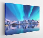 Canvas schilderij - Northern lights and snow covered mountains in Lofoten islands, Norway. Aurora borealis.    1254761539 - 115*75 Horizontal