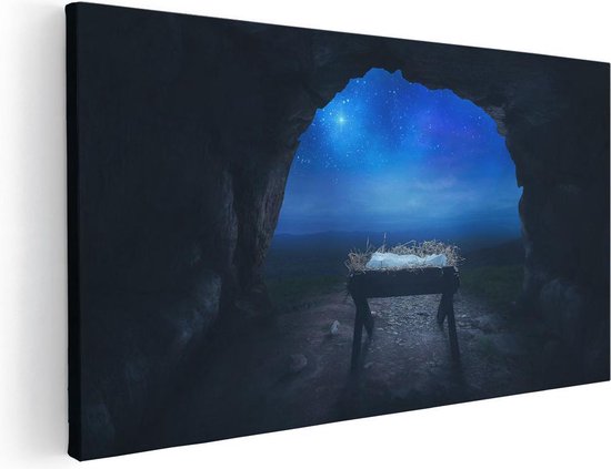 Artaza Canvas Schilderij Kribbe in een Grot onder de Ster Van Bethlehem - 40x20 - Klein - Foto Op Canvas - Canvas Print