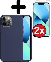 iPhone 13 Pro Hoesje Siliconen Case Hoes Met 2x Screenprotector - iPhone 13 Pro Hoesje Cover Hoes Siliconen Met 2x Screenprotector - Donkerblauw