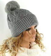 Gevoerde wollen wintermuts dames met afneembare pompon kleur grijs maat L XL