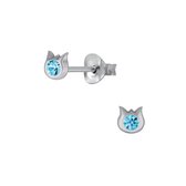 Joy|S - Zilveren petit kat poes oorbellen - 3.5 mm - aqua blauw kristal - kinderoorbellen