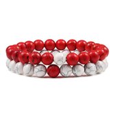 Bracelet - Bracelets Perles Couple Rouge / Wit - Elastique - Homme Homme - Femme Femme - 2 Bracelets - Cadeau Pour Hem Cheveux - Anniversaire