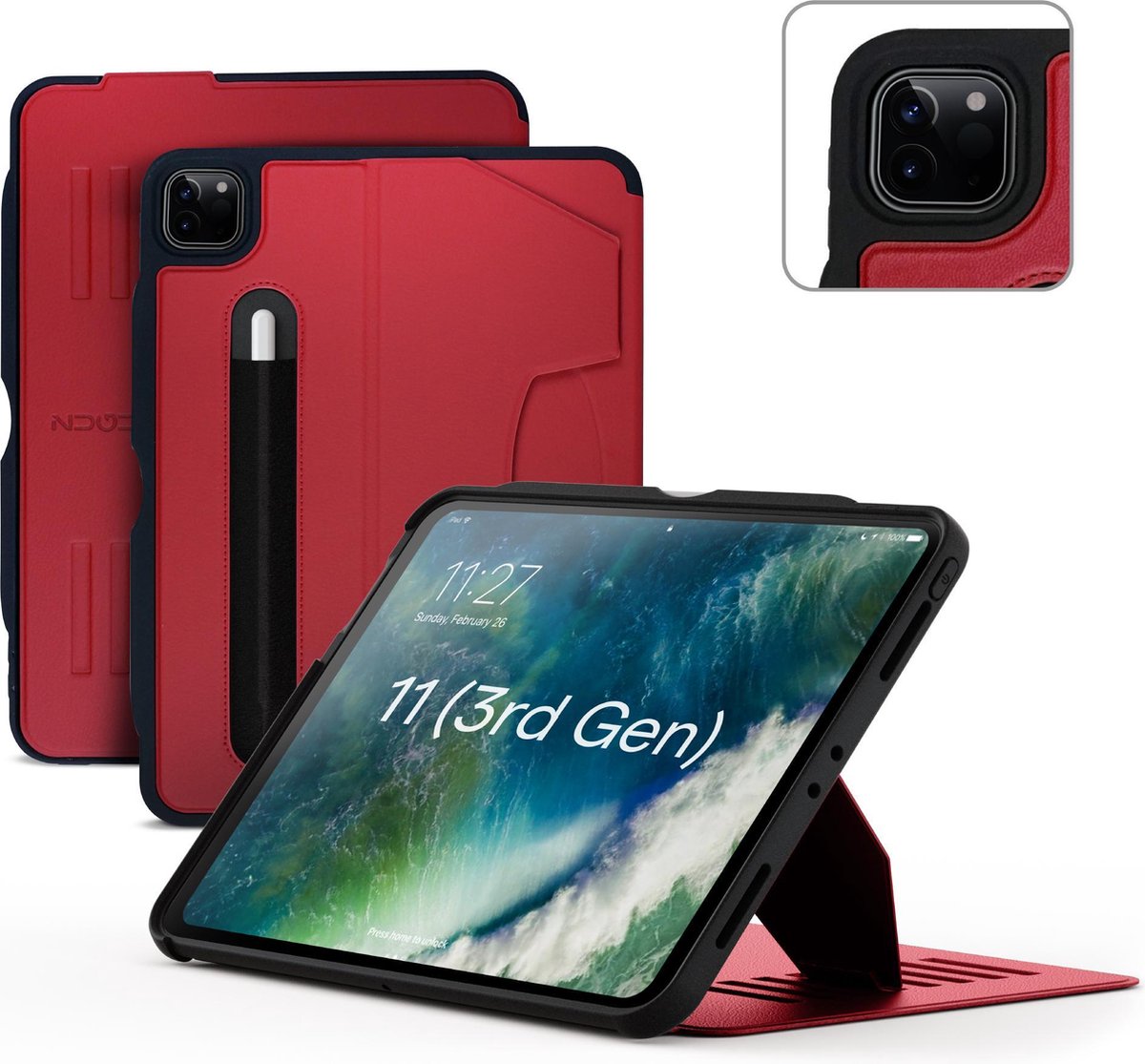 Zugu case - iPad Pro 11 Gen 4, 3 & 2 (2022/2021/2020) - oersterke luxe flip-over case - volledige 360˚ bescherming – met multifunctionele standaard functie – geschikt voor Apple Pencil - Scarlet