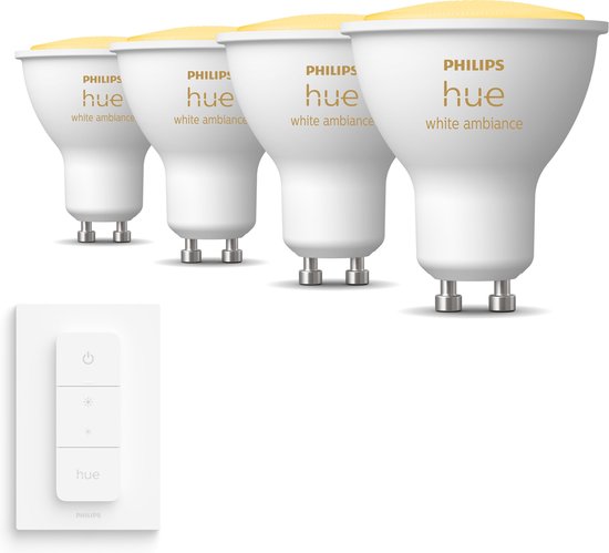 Ensemble GU10 de lumière blanche chaude à froide Philips Hue - 4 spots GU10 et 1 Switch - Intensité variable