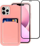 Apple iPhone 13 Pro Max Hoesje - Case Roze + Screenprotector - Pasjeshouder - shockproof - Glas - Volledig Dekkend Beschermglas